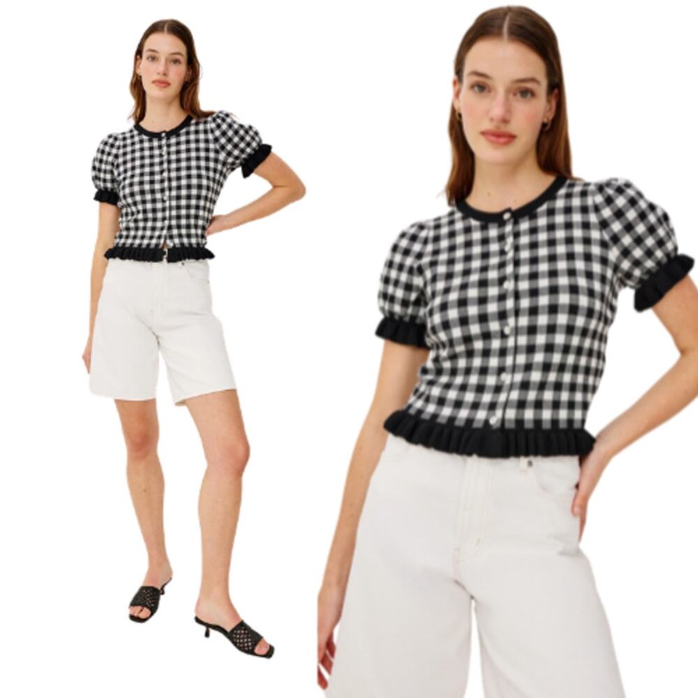 NEW Rails Lora Gingham Ruffled Knitwear Short Sleeve Blouse Black Size: Medium